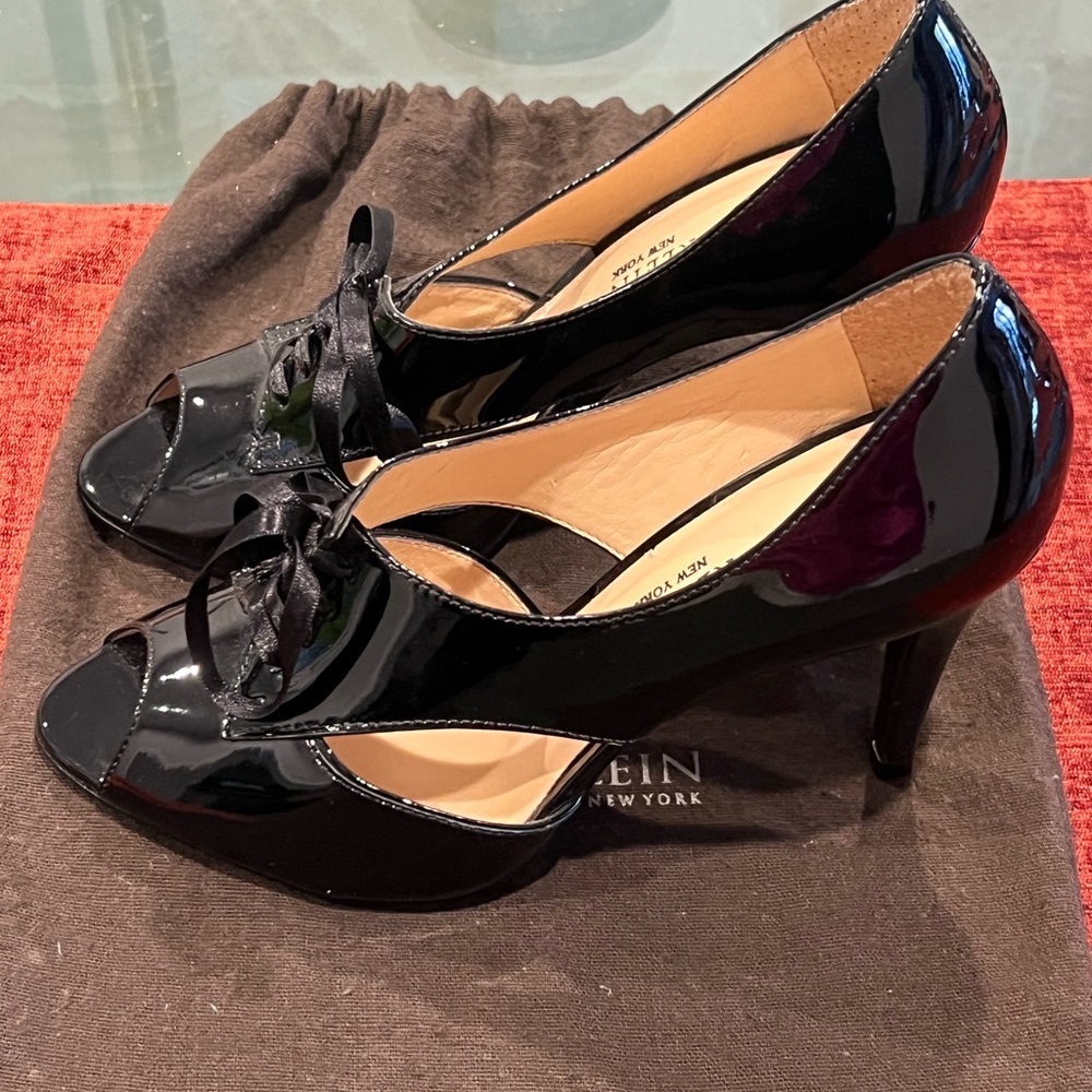 Vintage Anne Klein Black Patent Leather Lace-Up Peep Toe Heels